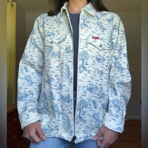 White & Blue Print Oversized Teddy Fresh Jacket